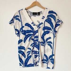 Tahari Blue & White Leaf Print Linen Blend Blouse S